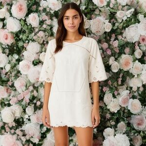 ST. Studio White Lace Cutout Embroidered Cotton Bell Sleeve Mini Dress Sz 34